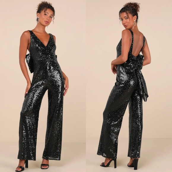 Lulus Feeling Sparkly Black Sequin Bow Wide-Leg Jumpsuit S Wedding Party Prom - Picture 1 of 11